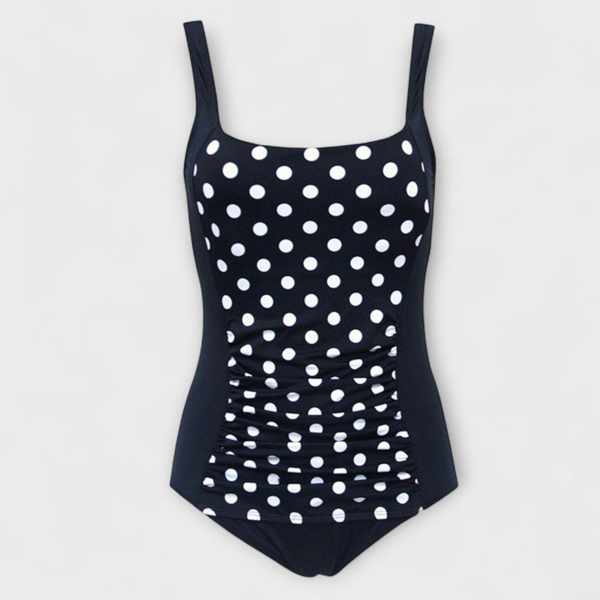 Maillot de bain rétro une-pièce noir à pois blancs, rembourré, fronces au ventre