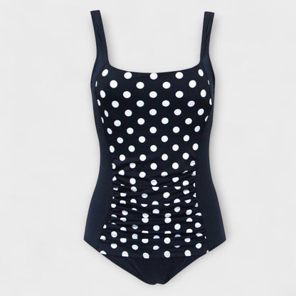 Maillot de bain rétro une-pièce noir à pois blancs, rembourré, fronces au ventre