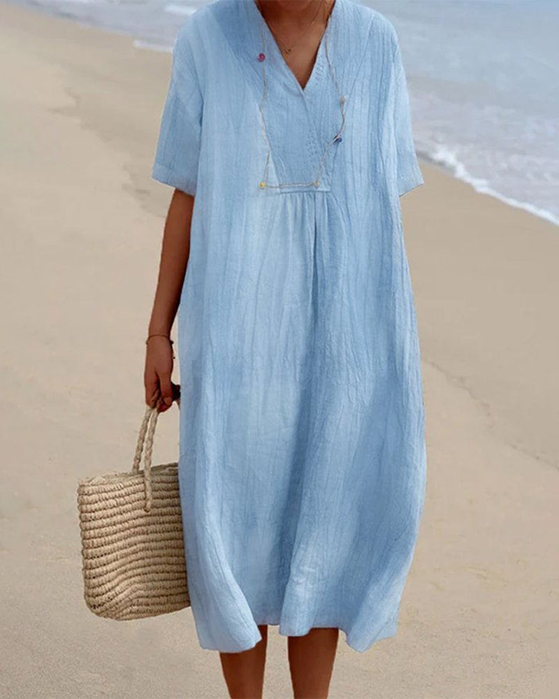 Robe midi bleu ciel en lin, col V, manches courtes, boutons et poche poitrine