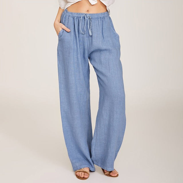 Pantalon ample bleu clair, coupe longue, taille élastique avec cordon