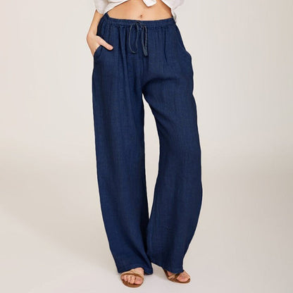 Pantalon ample bleu marine, taille élastique froncée et cordon