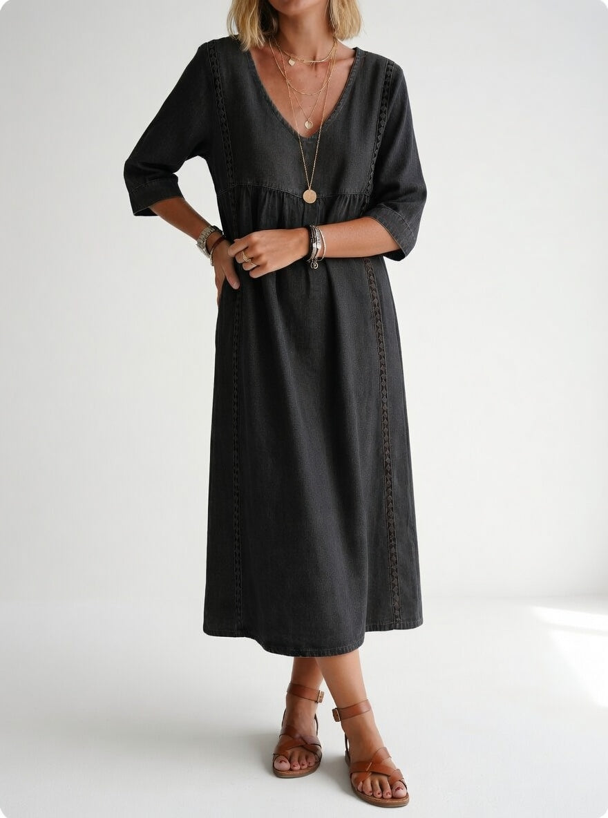 Robe midi noire en denim, décolleté V, manches trois-quarts