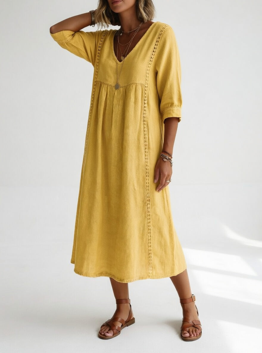 Robe midi jaune, décolleté V, manches mi-longues, surpiqûres décoratives