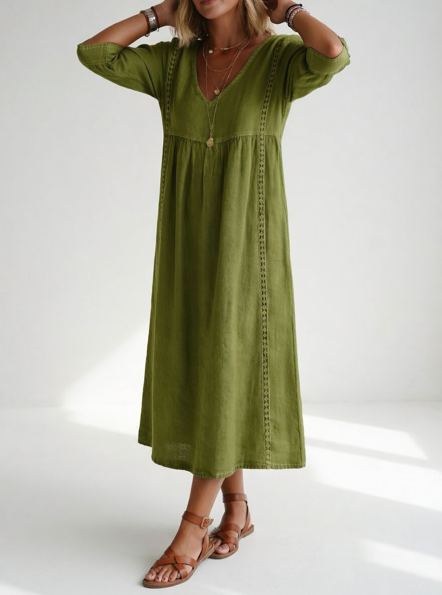 Robe midi vert olive, décolleté V, manches mi-longues, couture décorative