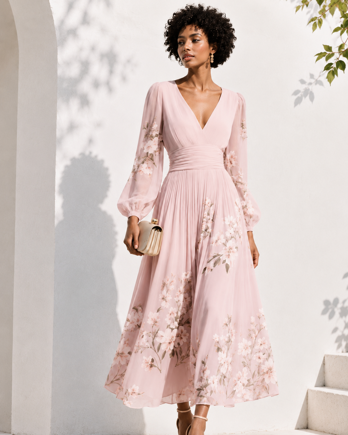 Robe longue élégante pour femme, avec un décolleté en V profond et des manches longues