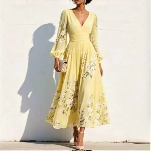 Robe longue élégante pour femme, avec un décolleté en V profond et des manches longues