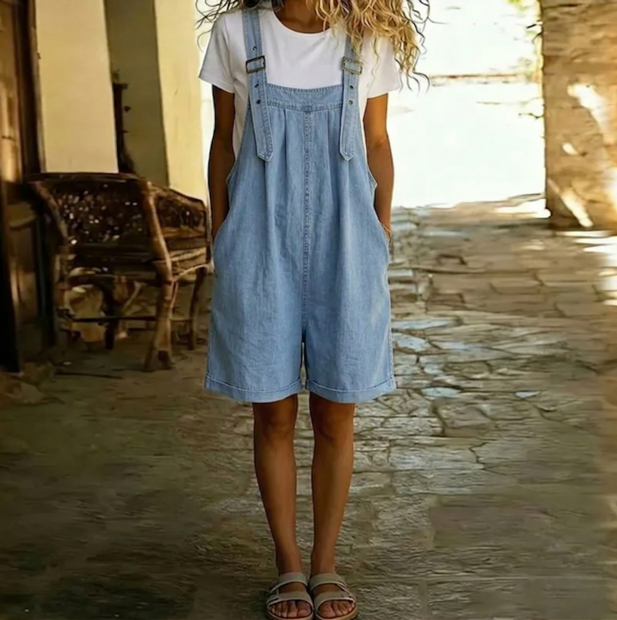 Salopette courte en denim bleu clair délavé, bretelles réglables et poches