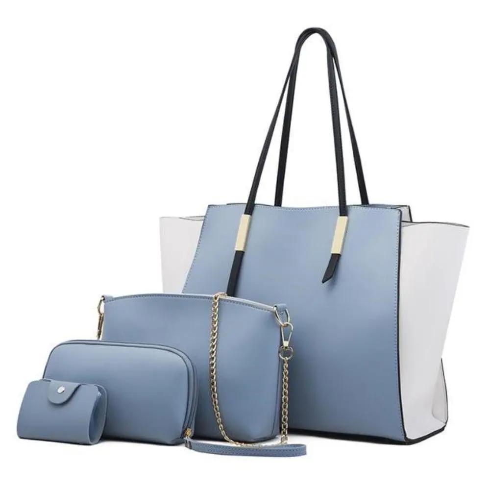 Ensemble de sacs shopping bleu : grand cabas, pochette zippée et sac ceinture
