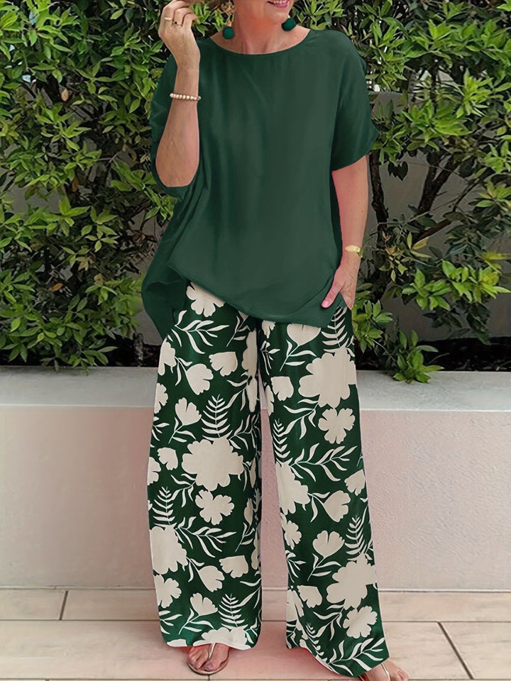 Ensemble tunique vert manches courtes et pantalon ample à fleurs vert/blanc