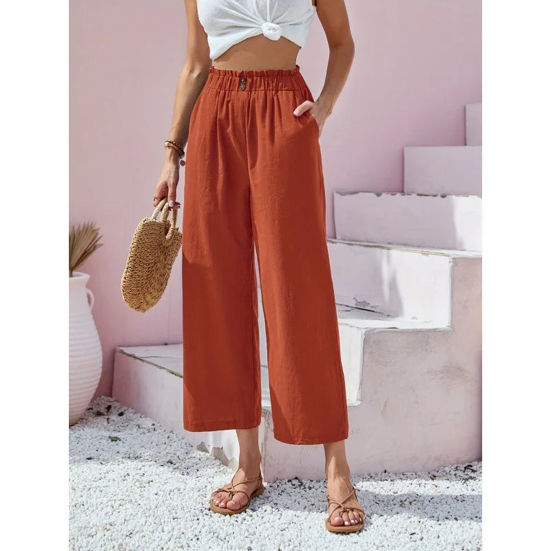 Pantalon lin-coton rouge orangé, taille élastique, jambes amples 7/8.