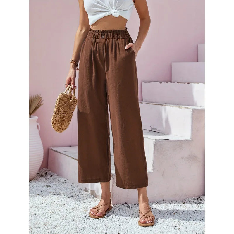 Pantalon lin-coton marron foncé, taille élastique, jambes amples 7/8.