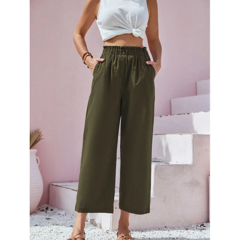 Pantalon lin-coton vert armée, taille élastique, jambes amples 7/8.
