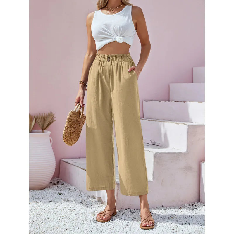 Pantalon lin-coton jaune clair, taille élastique, jambes amples 7/8.