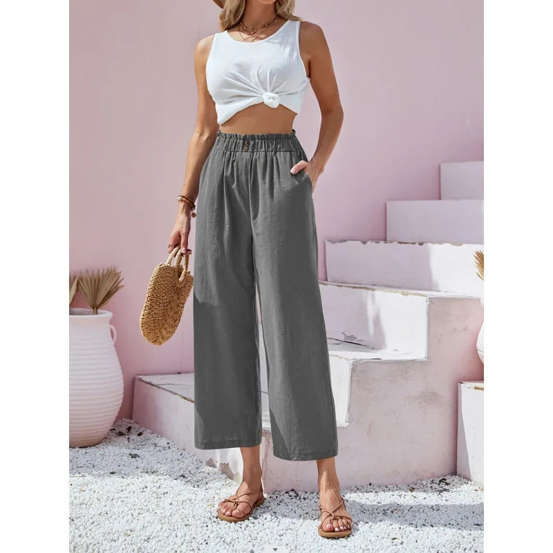 Pantalon lin-coton gris, taille élastique, jambes amples 7/8.