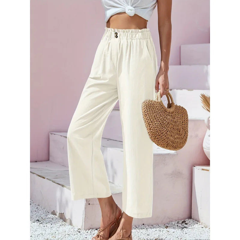 Pantalon lin-coton blanc cassé, taille élastique, jambes amples 7/8.
