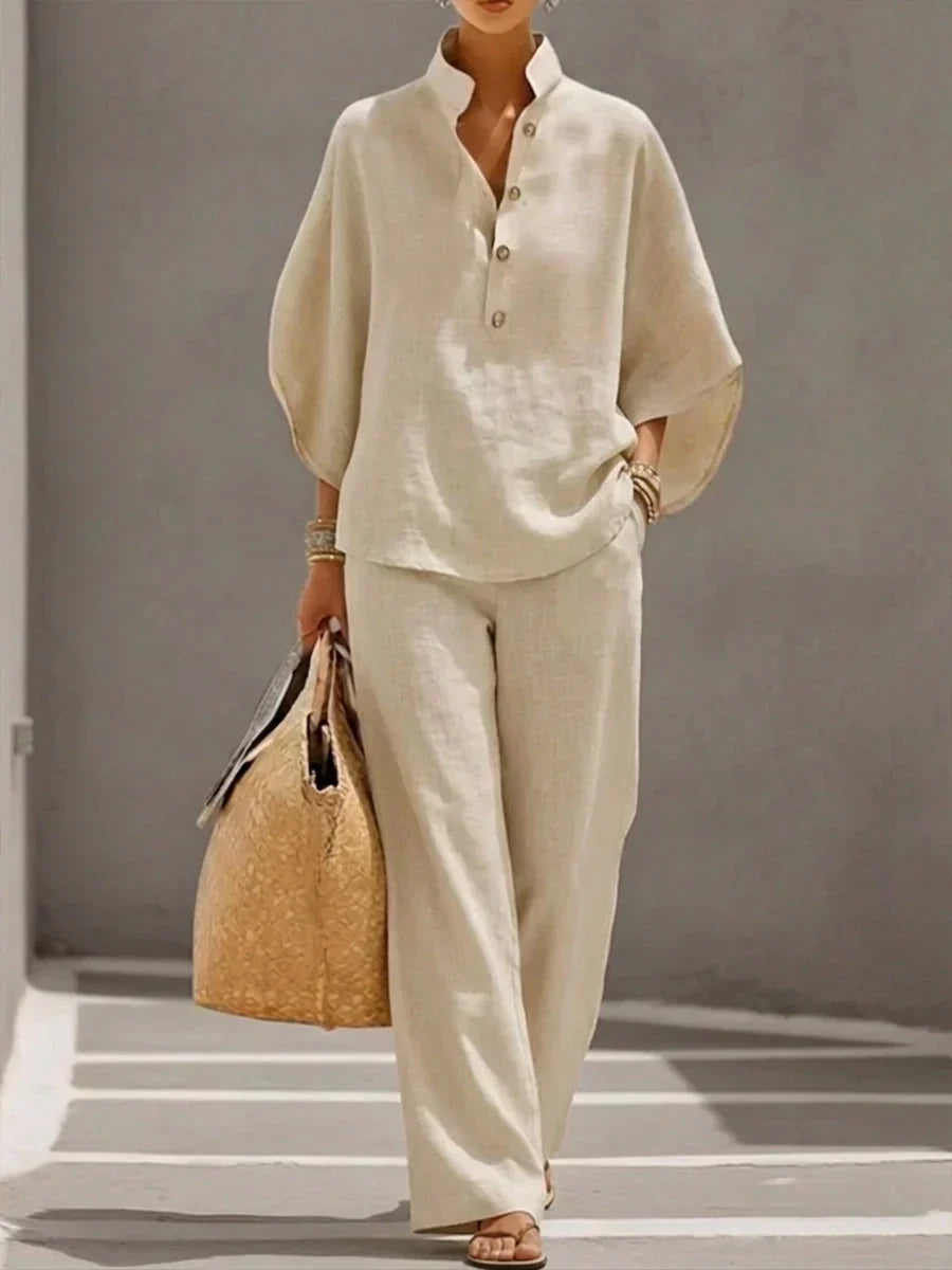 Ensemble en lin écru : tunique col boutonné manches chauve-souris et pantalon large