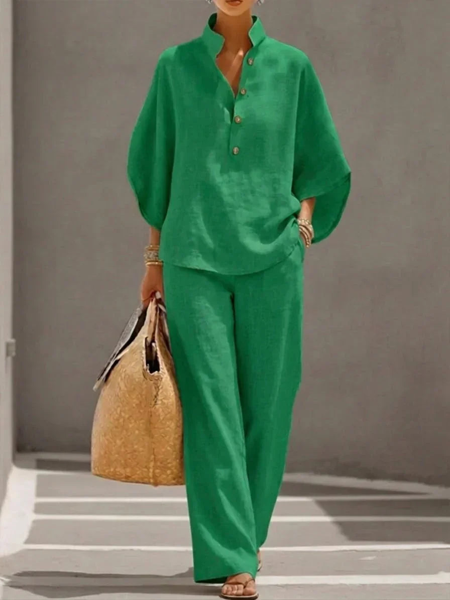 Ensemble en lin vert : tunique manches chauve-souris boutonnée et pantalon large