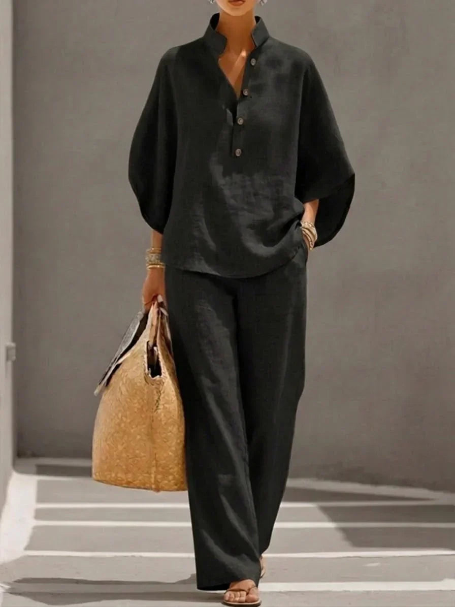 Ensemble en lin noir : tunique manches chauve-souris boutonnée et pantalon large