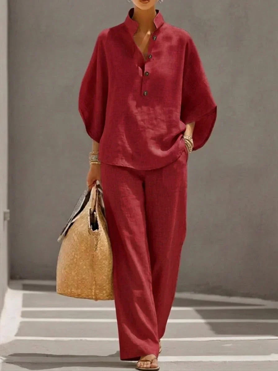 Ensemble en lin rouge : tunique manches chauve-souris boutonnée et pantalon large