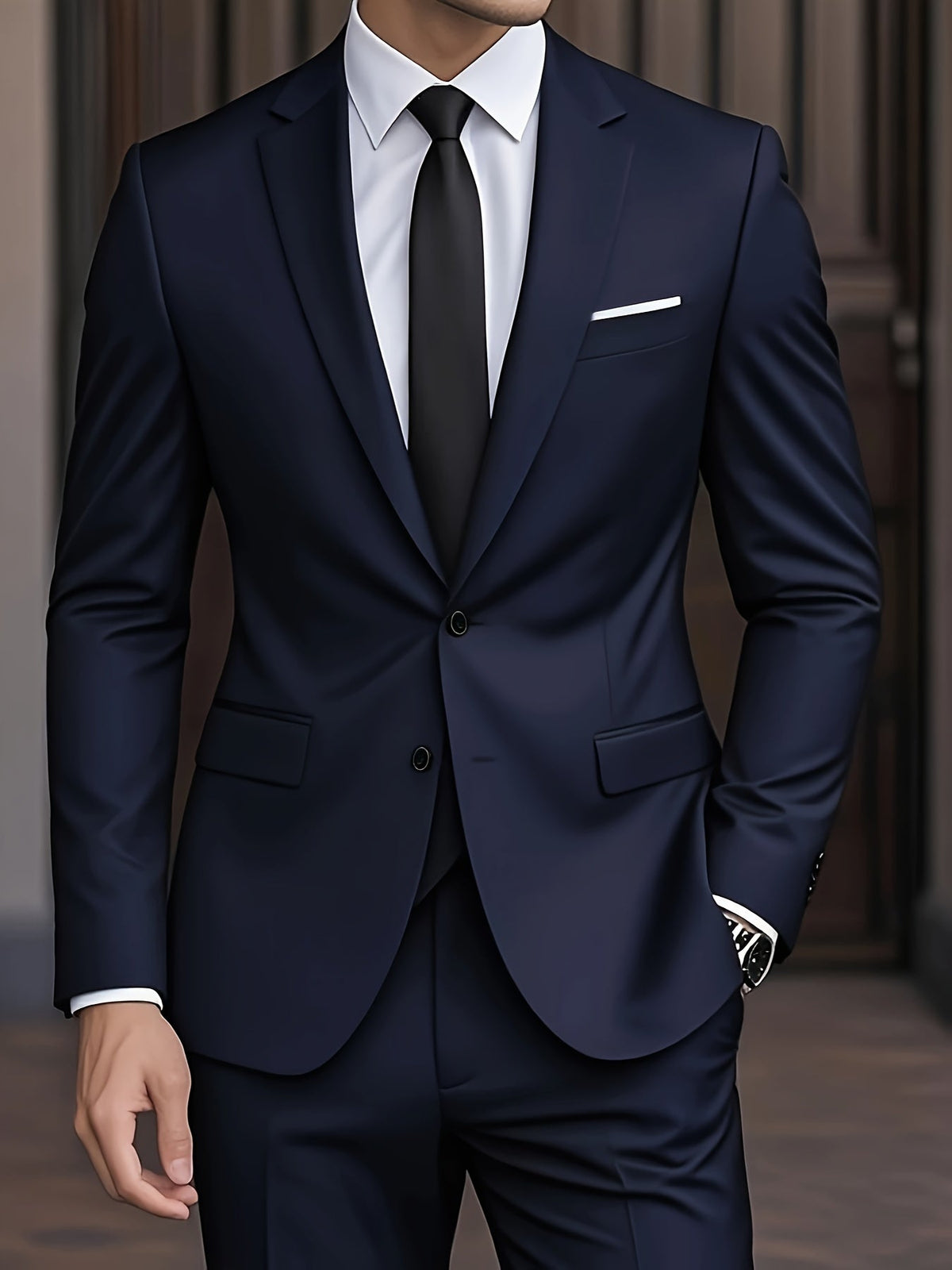 Costume moderne pour homme bleu marine : veste à revers, poche poitrine et cravate noire