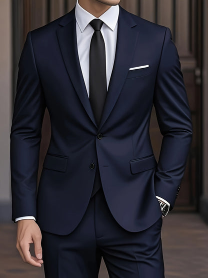 Costume moderne pour homme bleu marine : veste à revers, poche poitrine et cravate noire