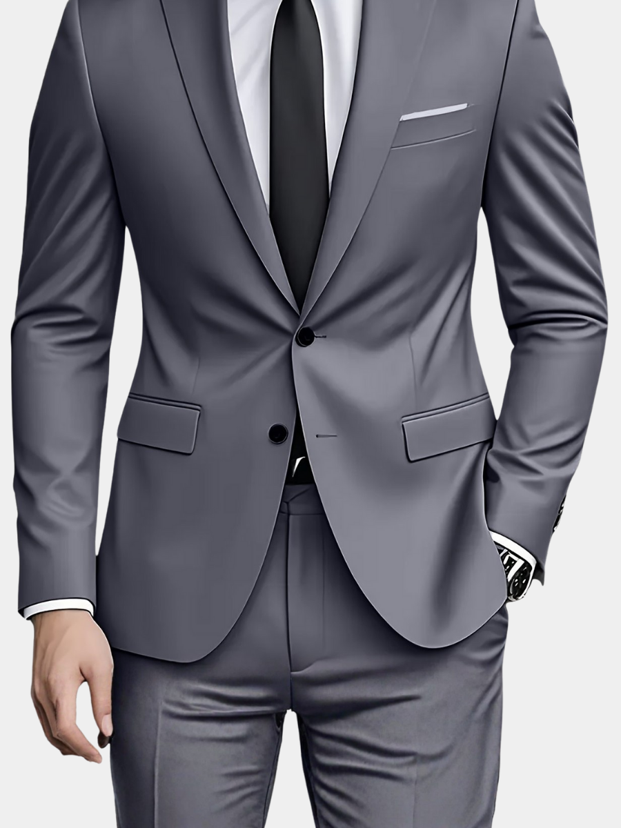 Costume moderne pour homme gris : veste cintrée avec revers et poche poitrine