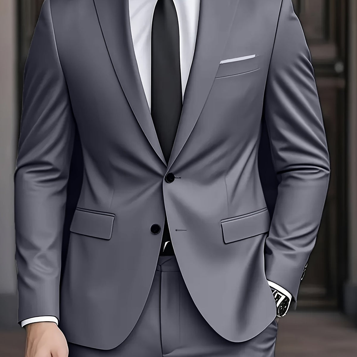Costume moderne pour homme gris : veste à boutons, revers et poche poitrine