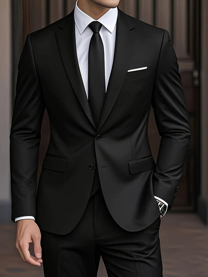 Costume moderne pour homme noir : veste à revers, poche poitrine et cravate noire