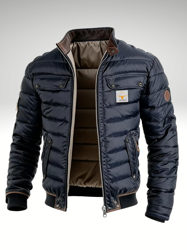 Veste matelassée premium Danoir Paris™ bleu marine, doublure beige, col et poches zippées