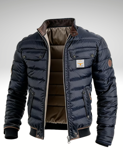 Veste matelassée premium Danoir Paris™ bleu marine, doublure beige, col et poches zippées