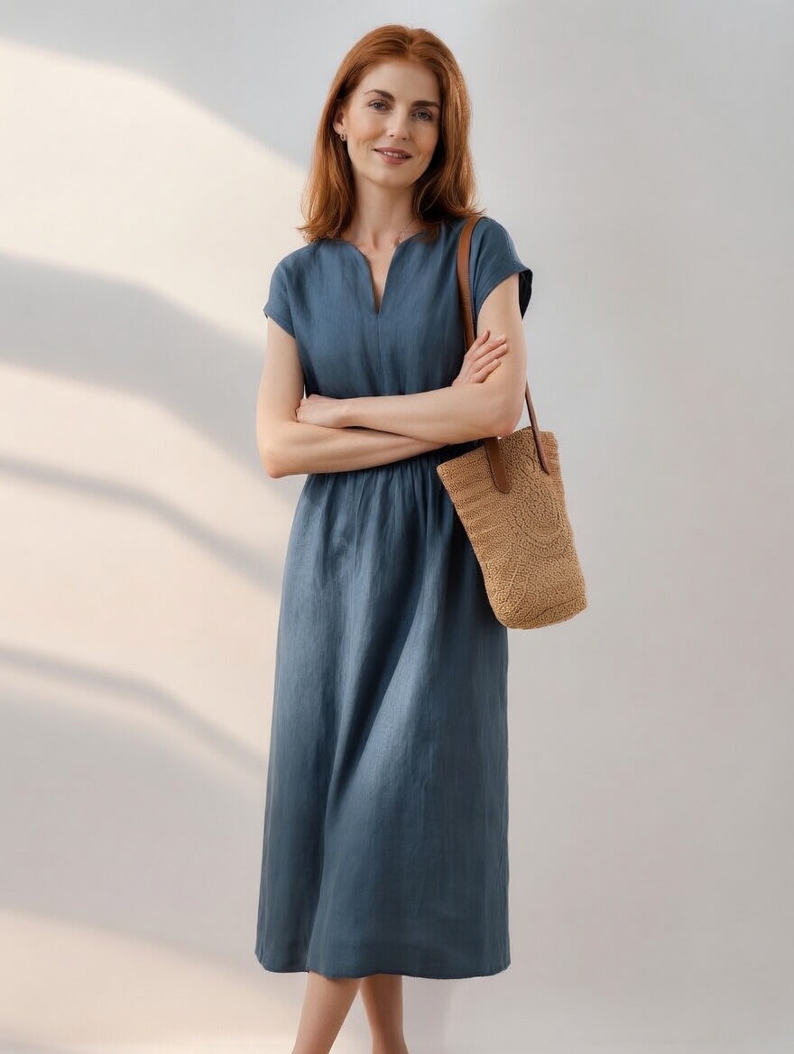 Robe midi bleue en lin mélangé à encolure V, manches courtes, taille élastiquée évasée.
