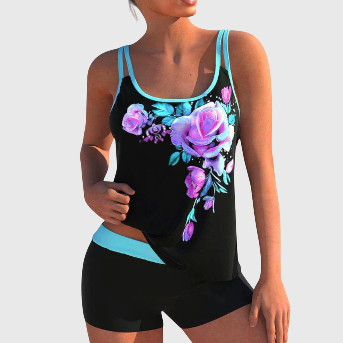 Ensemble maillot de bain deux pièces noir à fleurs roses et bleues, bretelles turquoise
