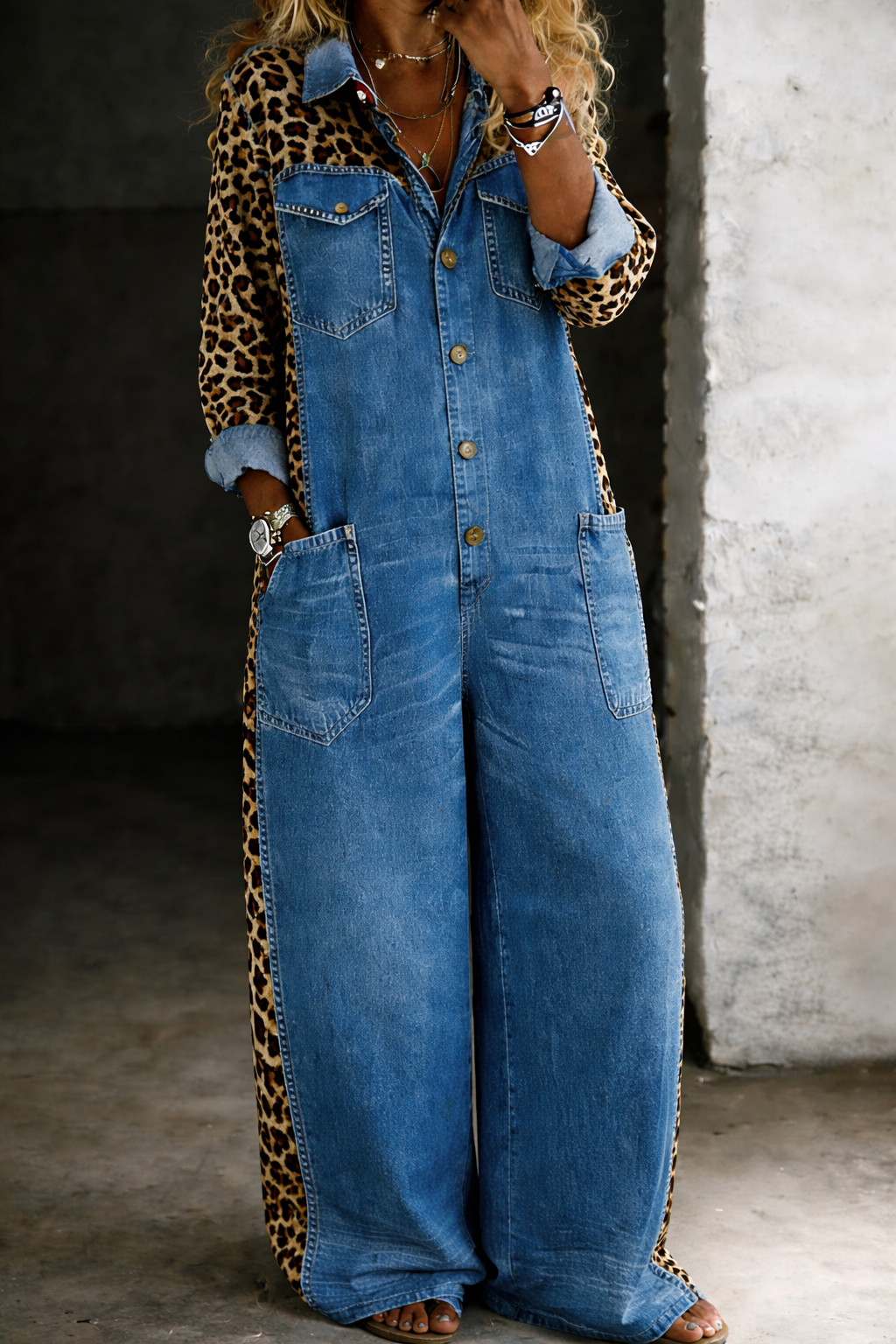 Combinaison en jean bleu moyen, patte boutonnée, poches plaquées poitrine et côtés.