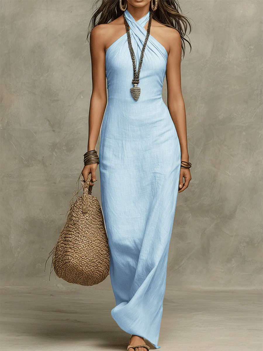 Robe longue sans manches en lin, col américain, bleu clair, allure fluide