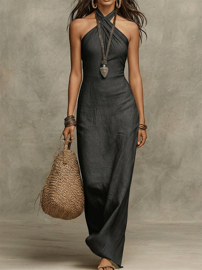 Robe longue sans manches en lin, col américain, noire, coupe fluide