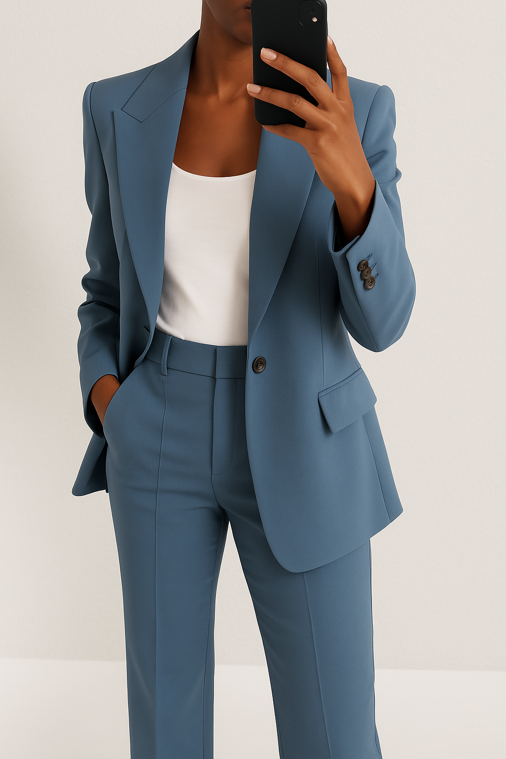 Ensemble tailleur bleu : veste à revers et pantalon droit taille haute