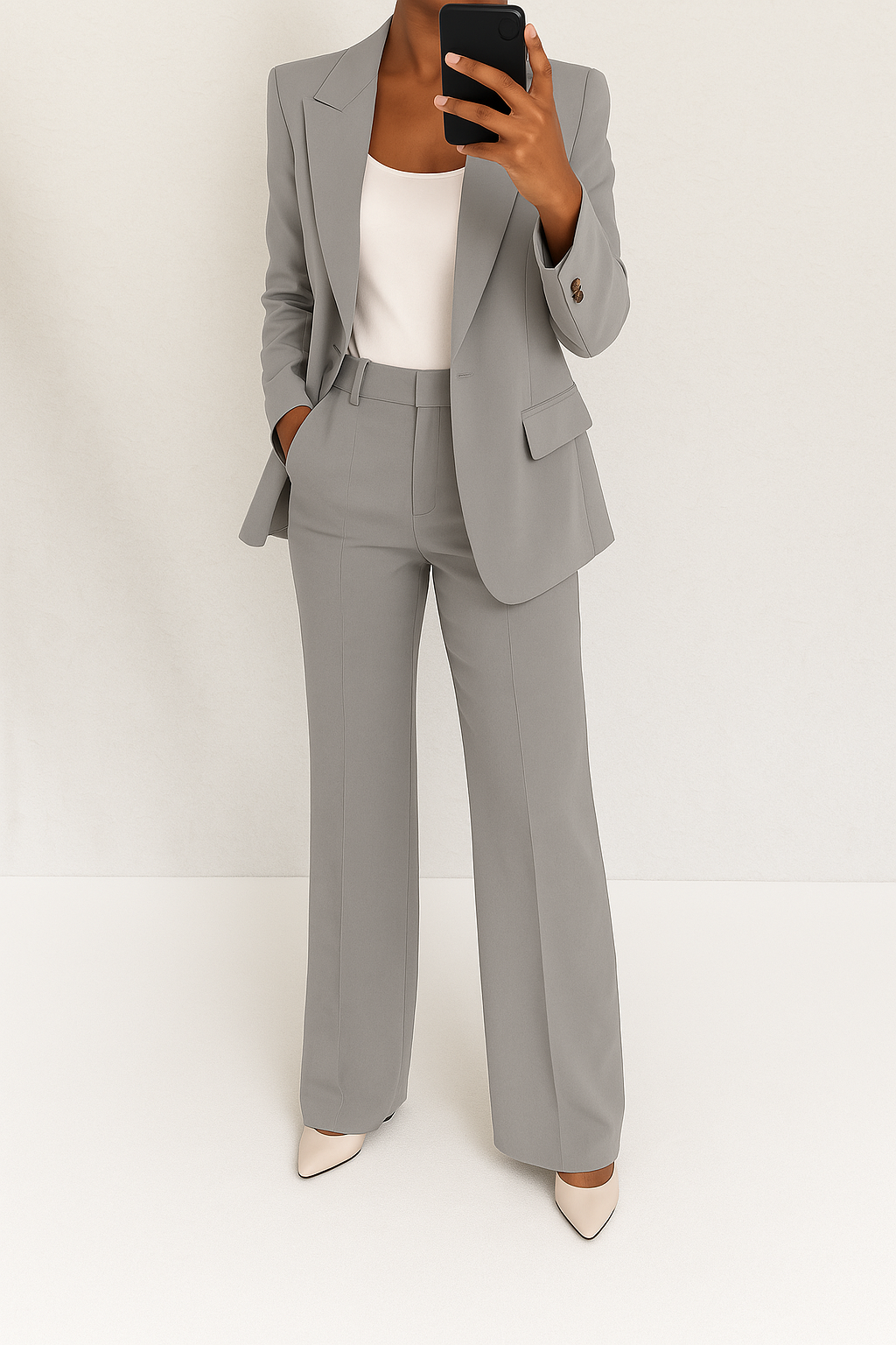 Ensemble tailleur gris clair : veste à revers et pantalon droit taille haute