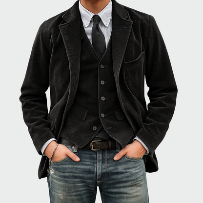 Ensemble 2 pièces en velours noir : blazer à revers et gilet boutonné
