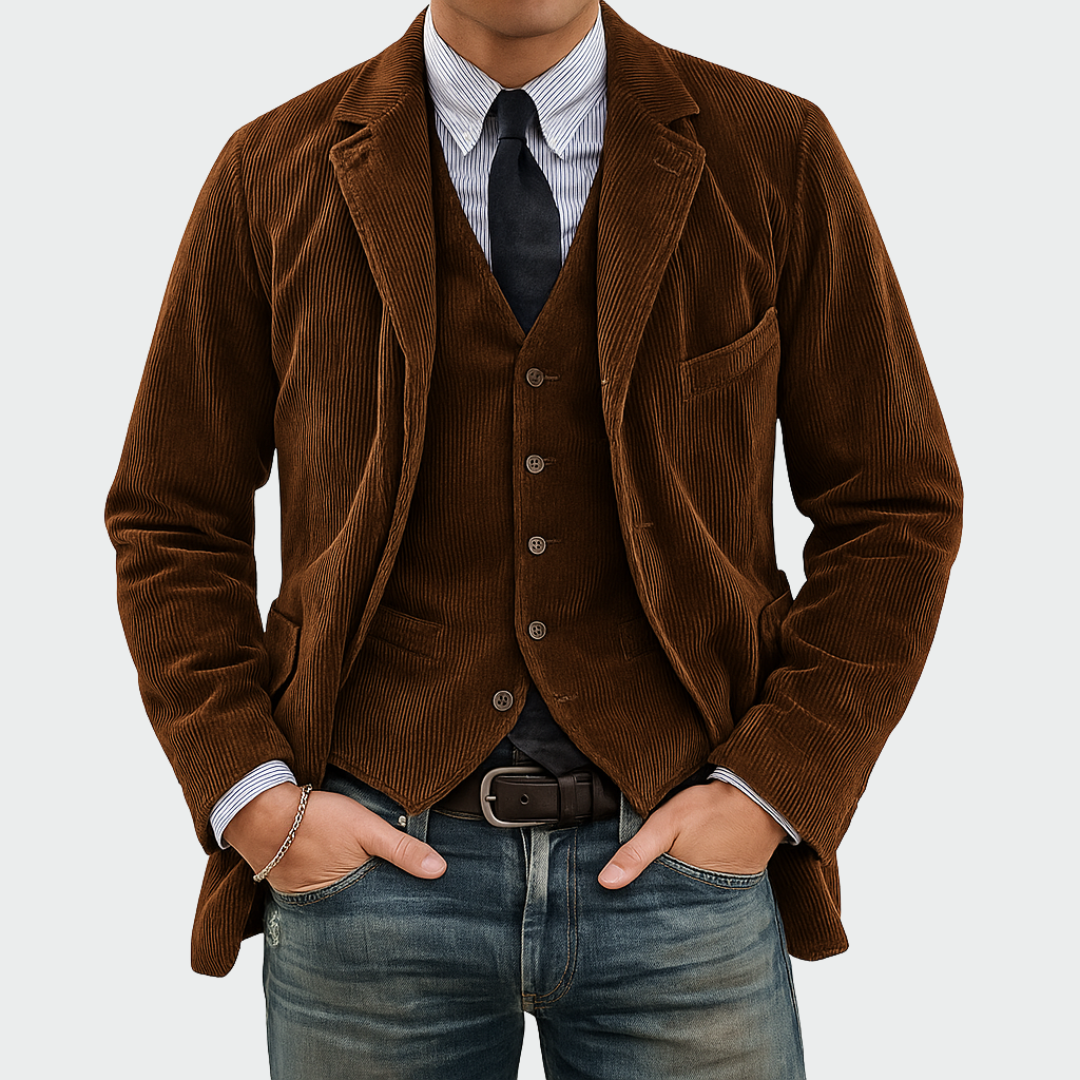 Ensemble 2 pièces en velours marron : blazer à revers et gilet boutonné