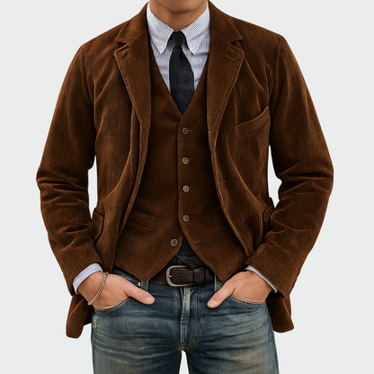 Ensemble 2 pièces en velours marron : blazer à revers et gilet boutonné