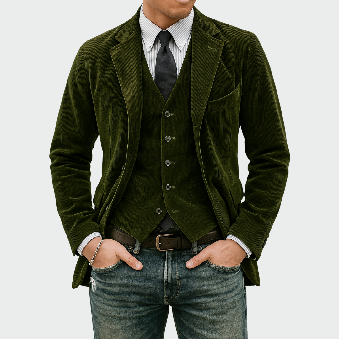 Ensemble 2 pièces en velours vert : blazer à revers et gilet boutonné