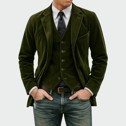 Ensemble 2 pièces en velours vert : blazer à revers et gilet boutonné