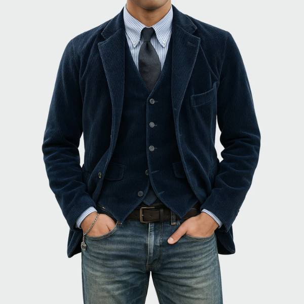 Ensemble 2 pièces en velours bleu : blazer à revers et gilet boutonné