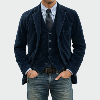 Ensemble 2 pièces en velours bleu : blazer à revers et gilet boutonné