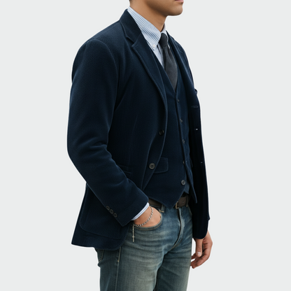 Ensemble 2 pièces en velours bleu : blazer boutonné avec gilet assorti