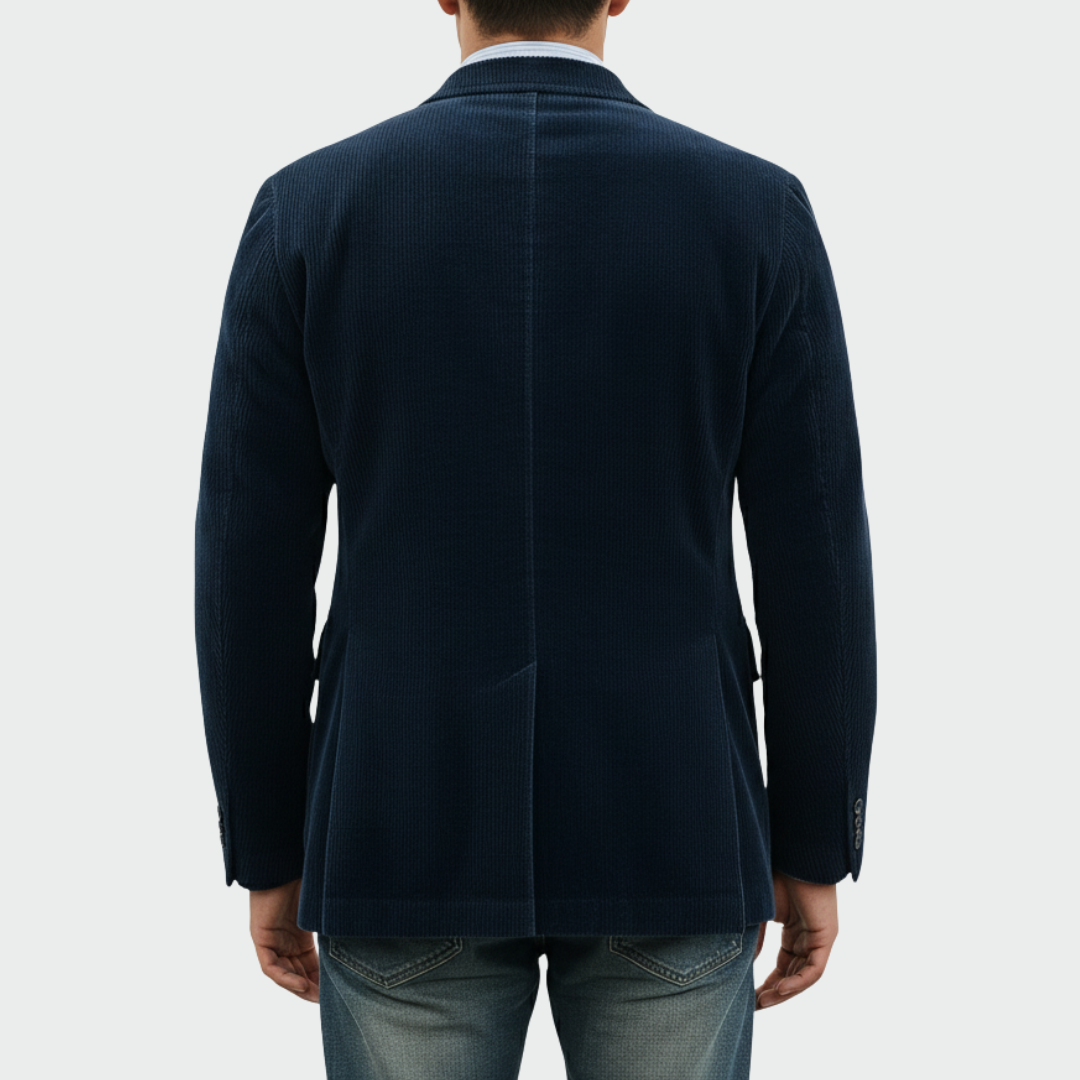 Ensemble 2 pièces en velours bleu : dos du blazer et gilet boutonné