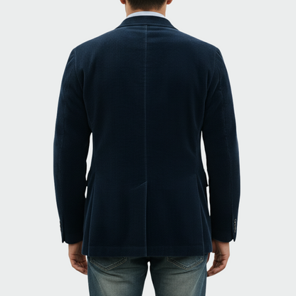 Ensemble 2 pièces en velours bleu : dos du blazer et gilet boutonné