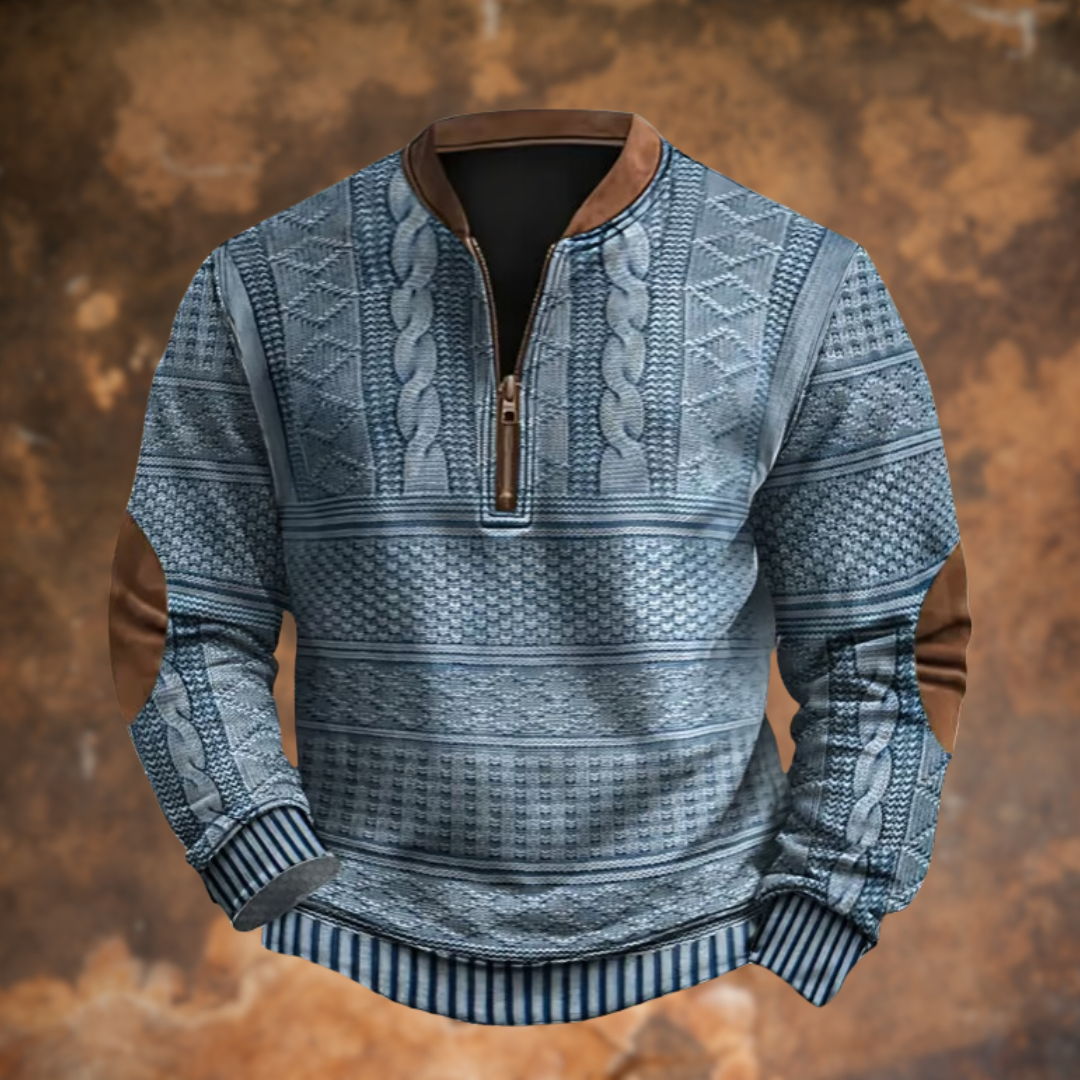 Polo homme demi-zip en maille noire à motifs tressés, col et bordures contrastées.