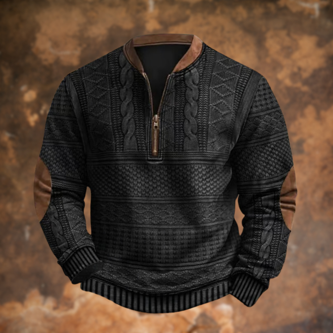 Polo homme demi-zip en maille noire à motifs géométriques, bas côtelé rayé.