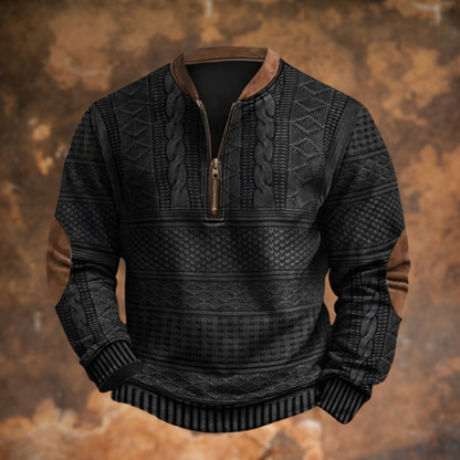 Polo homme demi-zip en maille noire à motifs géométriques, bas côtelé rayé.